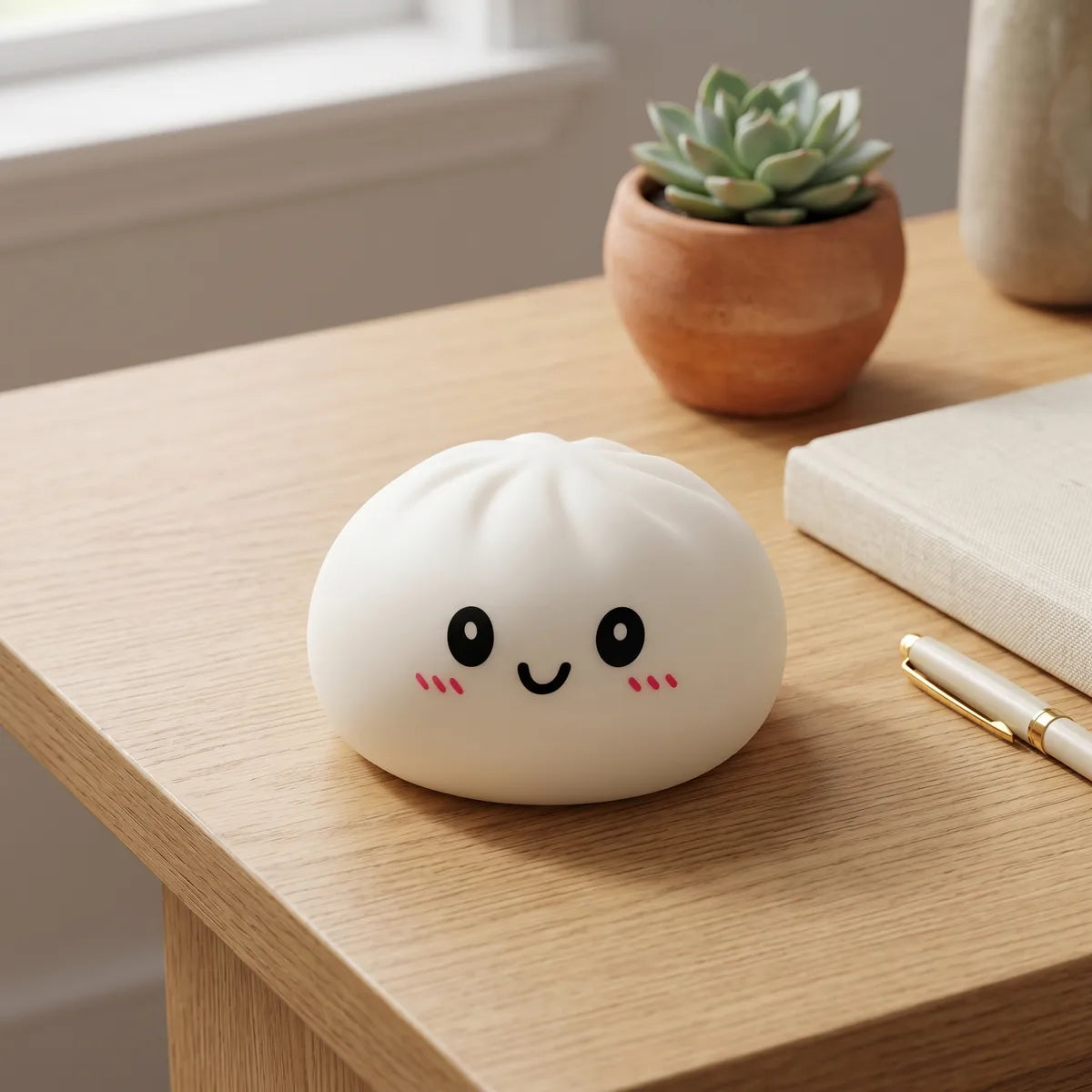 White dumpling squishy displayed with bamboo steamer