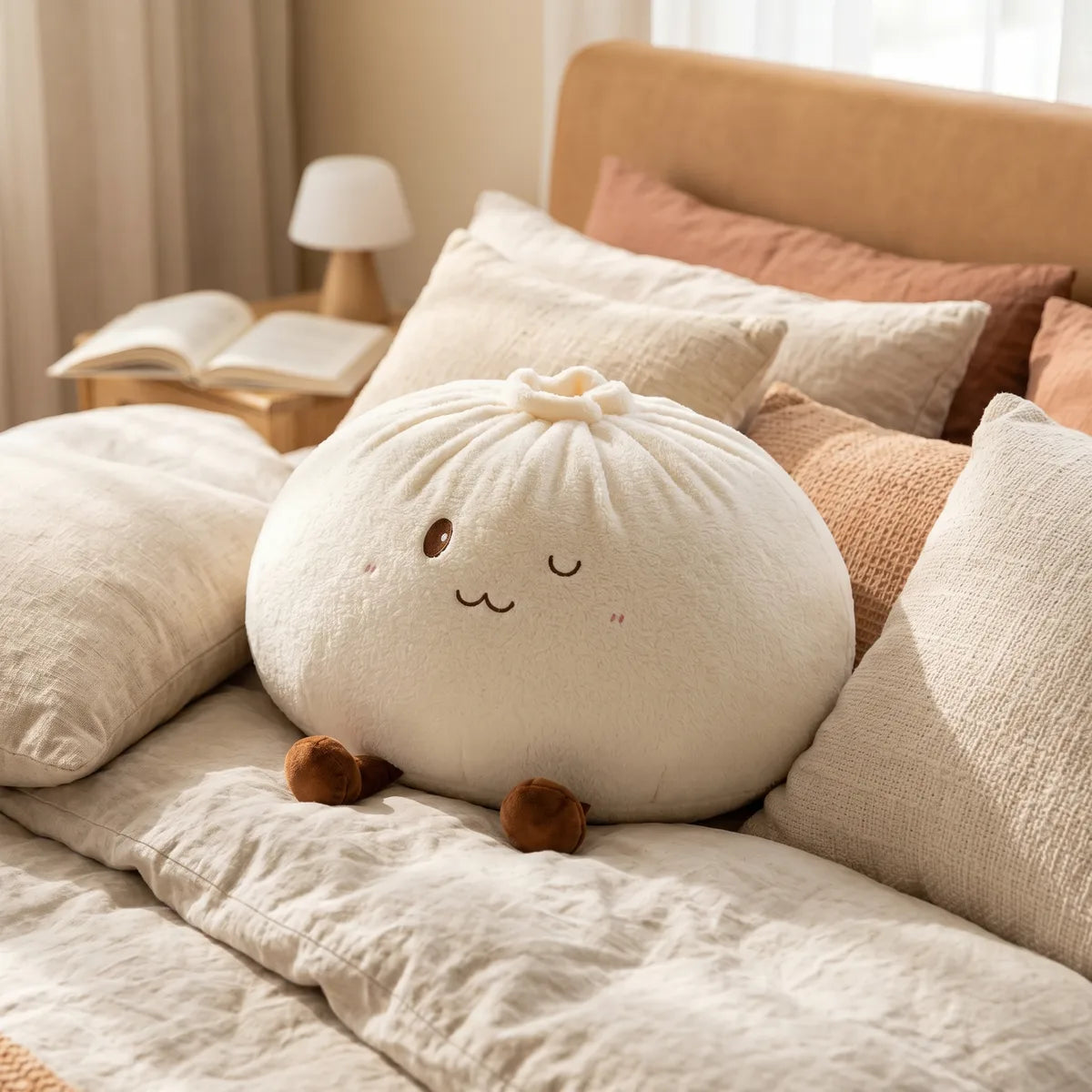 White large dumpling squishy plush pillow in a cozy bedroom