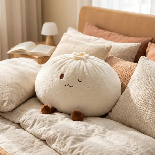 White large dumpling squishy plush pillow in a cozy bedroom