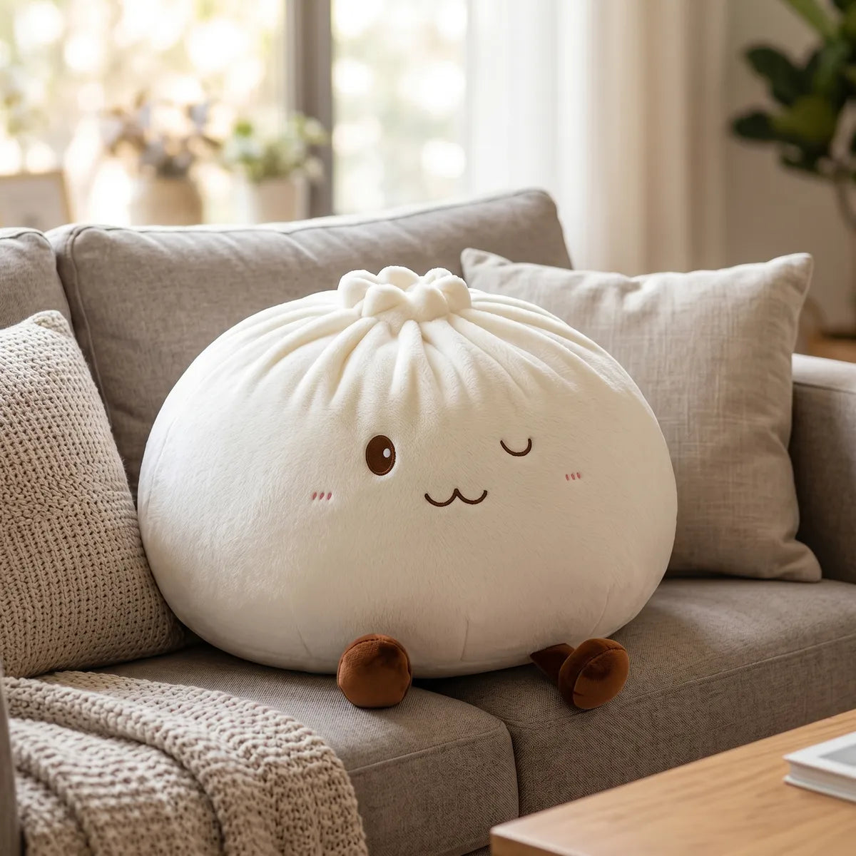White large dumpling squishy plush pillow styled on a sofa