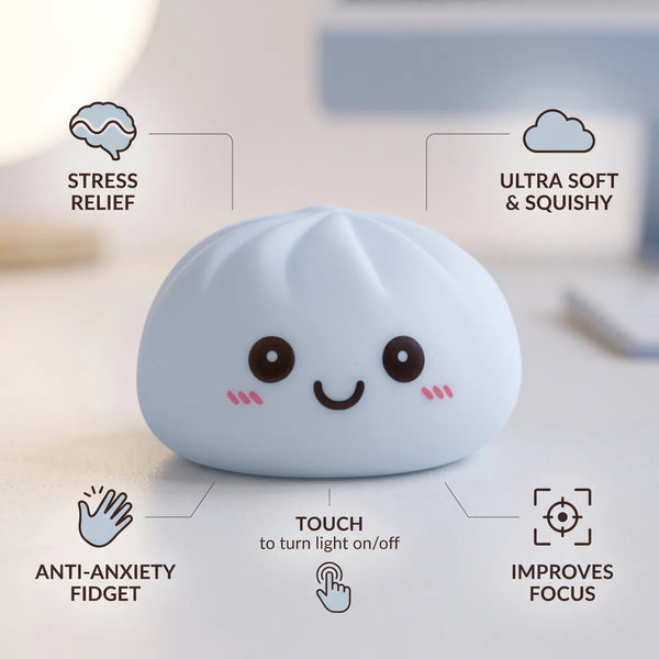 White squishy dumpling light size guide infographic with dimensions