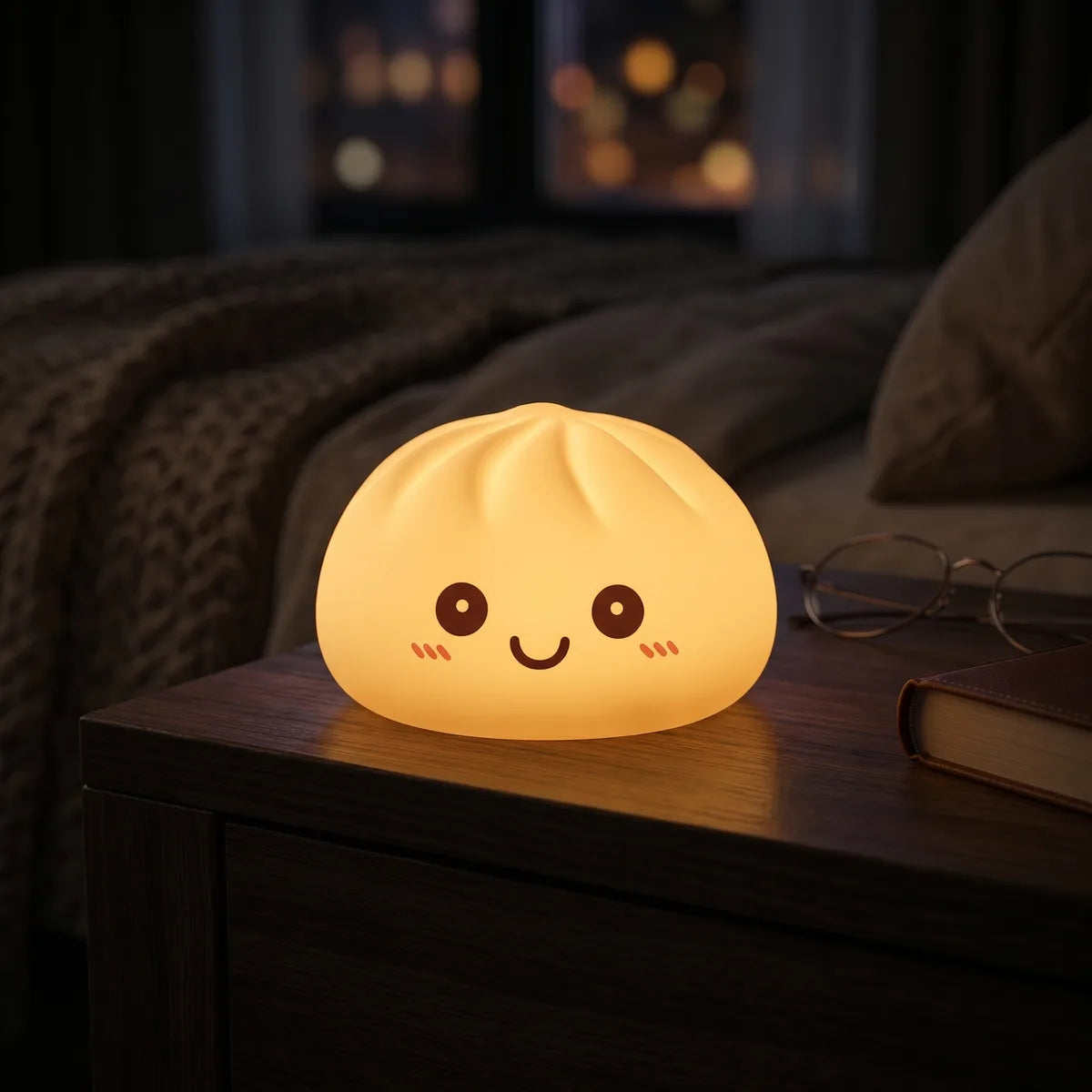 White squishy dumpling light displayed with bamboo steamer