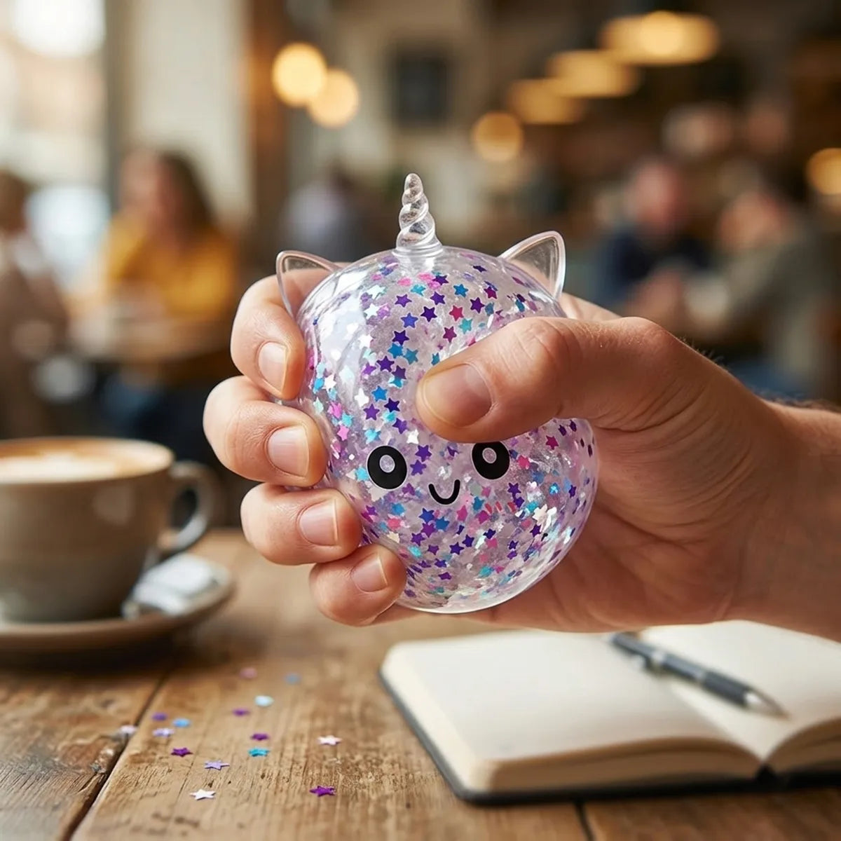 Person squeezing the white unicorn sparkle dumpling squishy as a desk fidget toy