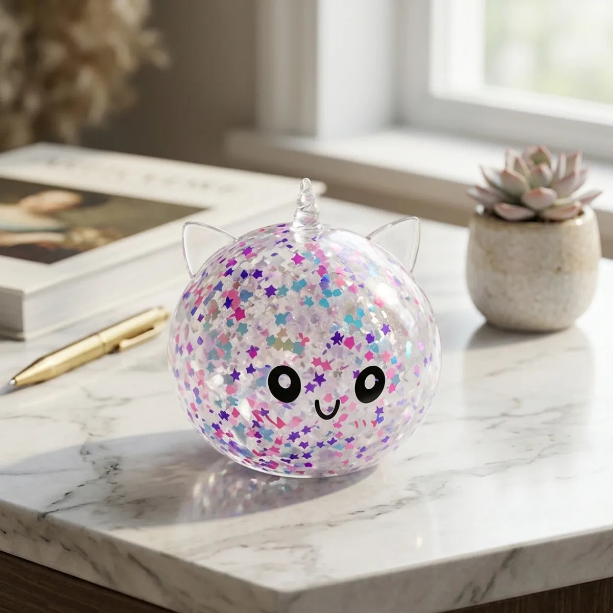 White unicorn sparkle dumpling squishy styled on a marble desk beside a notebook and succulent