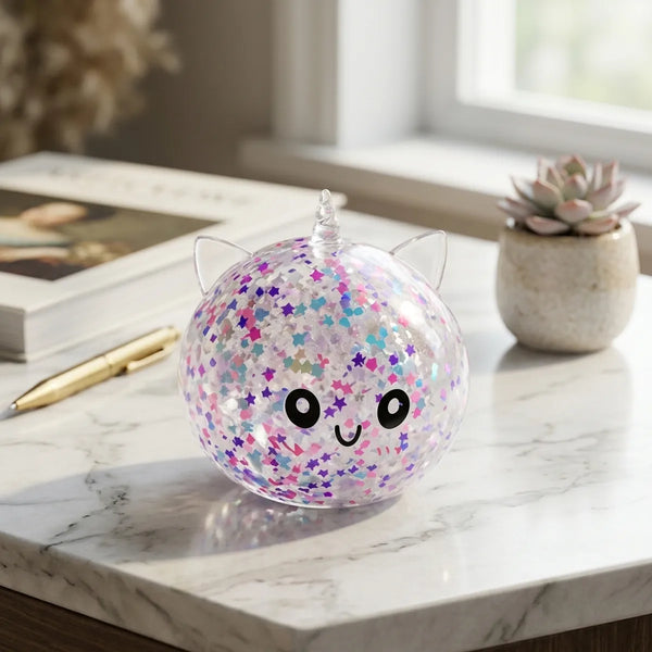 White unicorn sparkle dumpling squishy styled on a marble desk beside a notebook and succulent