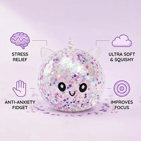 Infographic listing the stress relief benefits of the white unicorn sparkle dumpling squishy