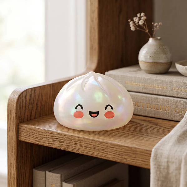 White unique dumpling squishy styled in a cozy lifestyle setting