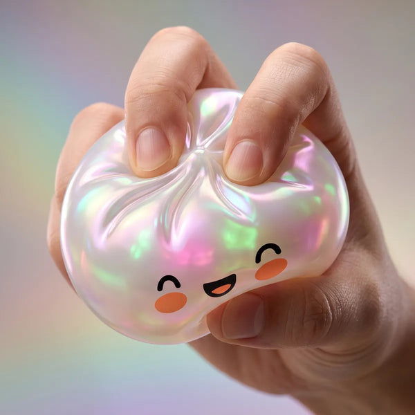 Close-up of a hand squeezing a white unique dumpling squishy