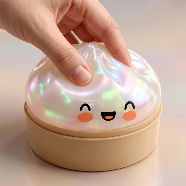 Hand squeezing a white unique dumpling squishy
