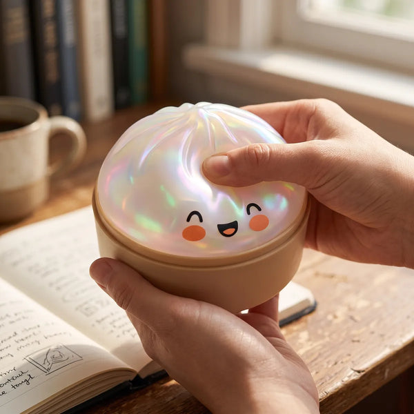 Person using a white unique dumpling squishy for stress relief