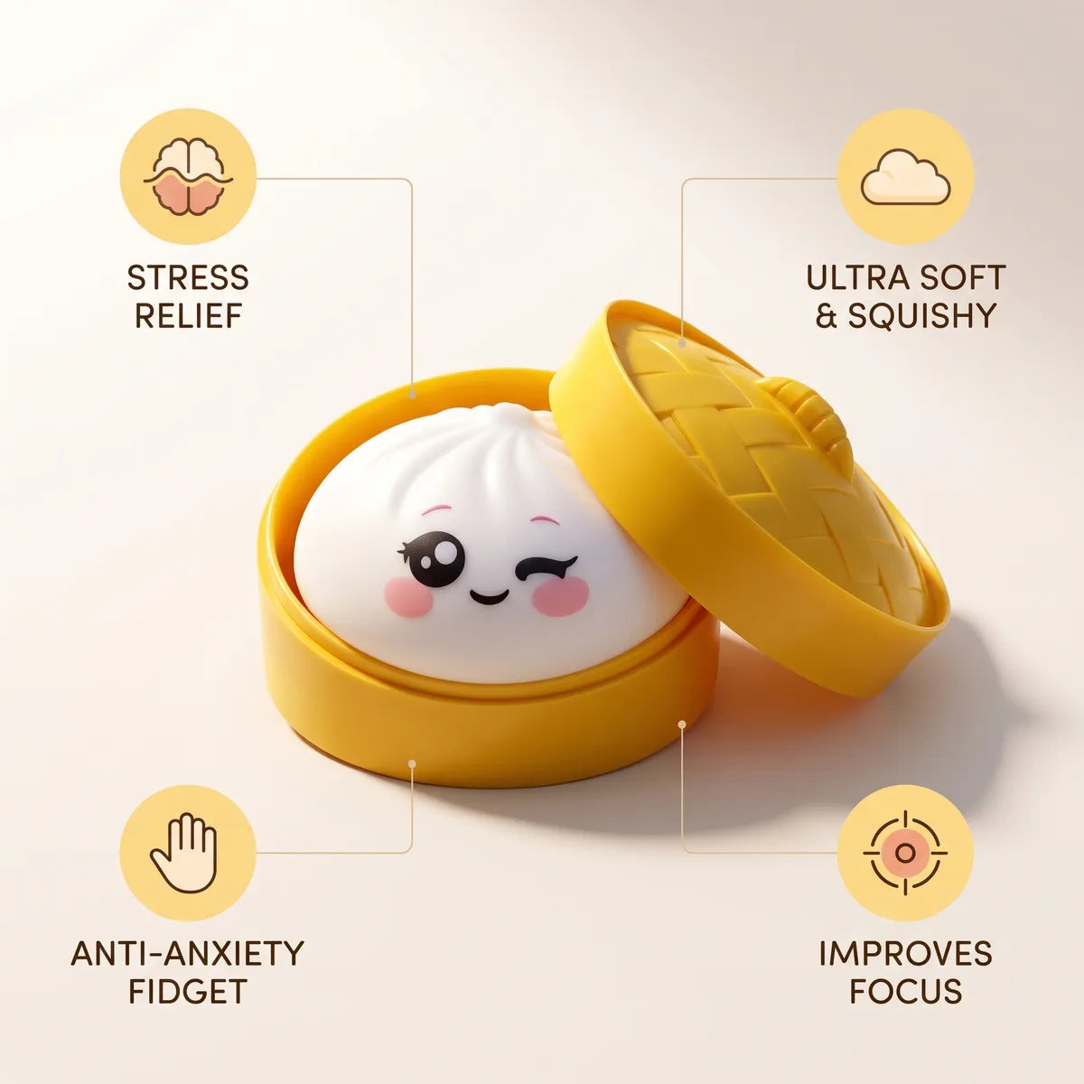 Milky White Wink Dumpling Squishy infographic: stress relief, ultra soft and squishy, anti-anxiety fidget, improves focus