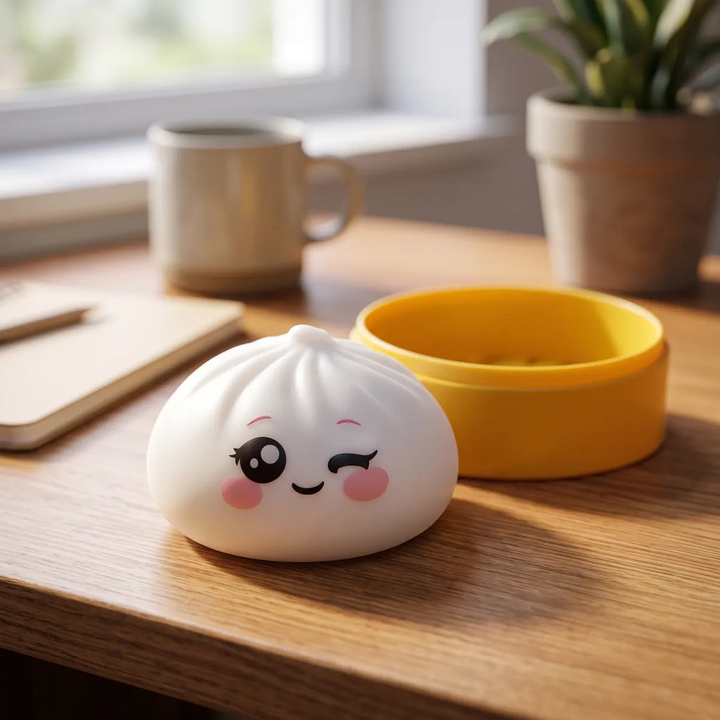 Milky White Wink Dumpling Squishy displayed on a wooden desk beside a yellow steamer