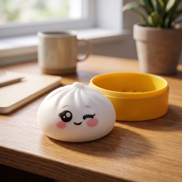 Milky White Wink Dumpling Squishy displayed on a wooden desk beside a yellow steamer