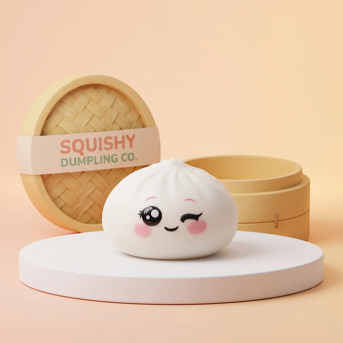 Milky White Wink Dumpling Squishy on a white studio podium beside a steamer basket