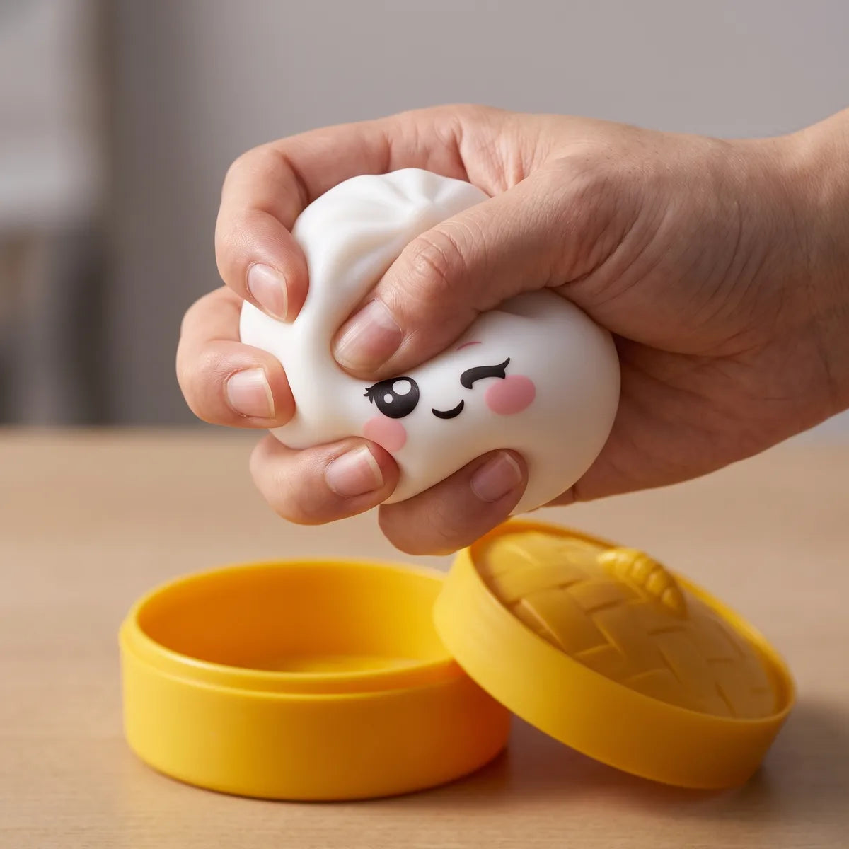 Milky White Wink Dumpling Squishy pressed flat under a hand before it slowly rises back