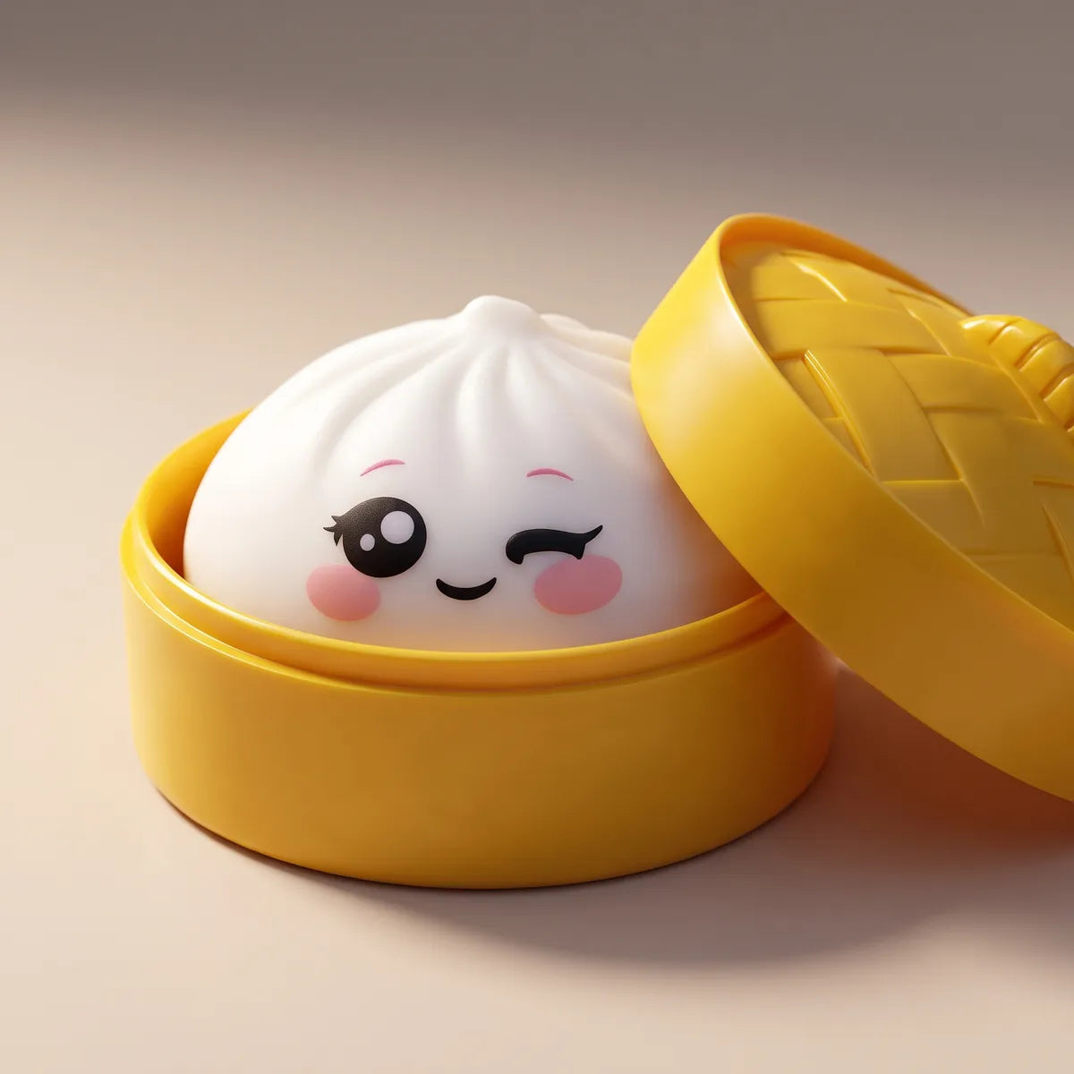Milky White Wink Dumpling Squishy sitting inside a round steamer basket