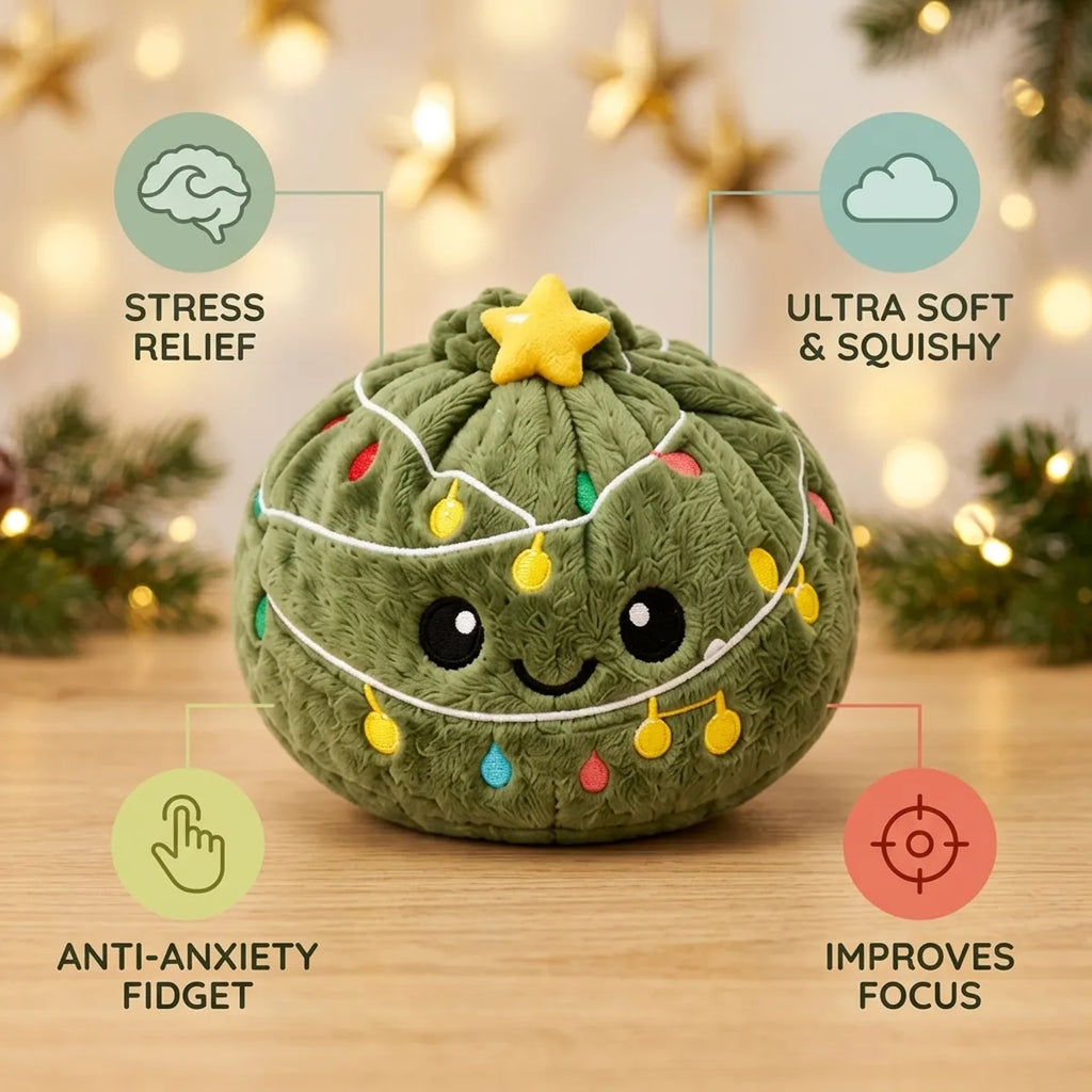 Twinkle Xmas Tree Dumpling Squishy Plush infographic: stress relief, ultra soft and squishy, anti-anxiety fidget, improves focus