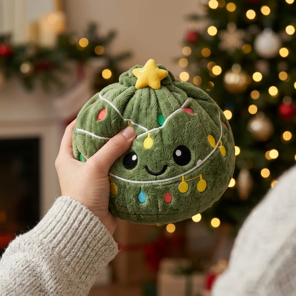 Person squeezing the Twinkle Xmas Tree Dumpling Squishy Plush as a fidget toy in a festive living room