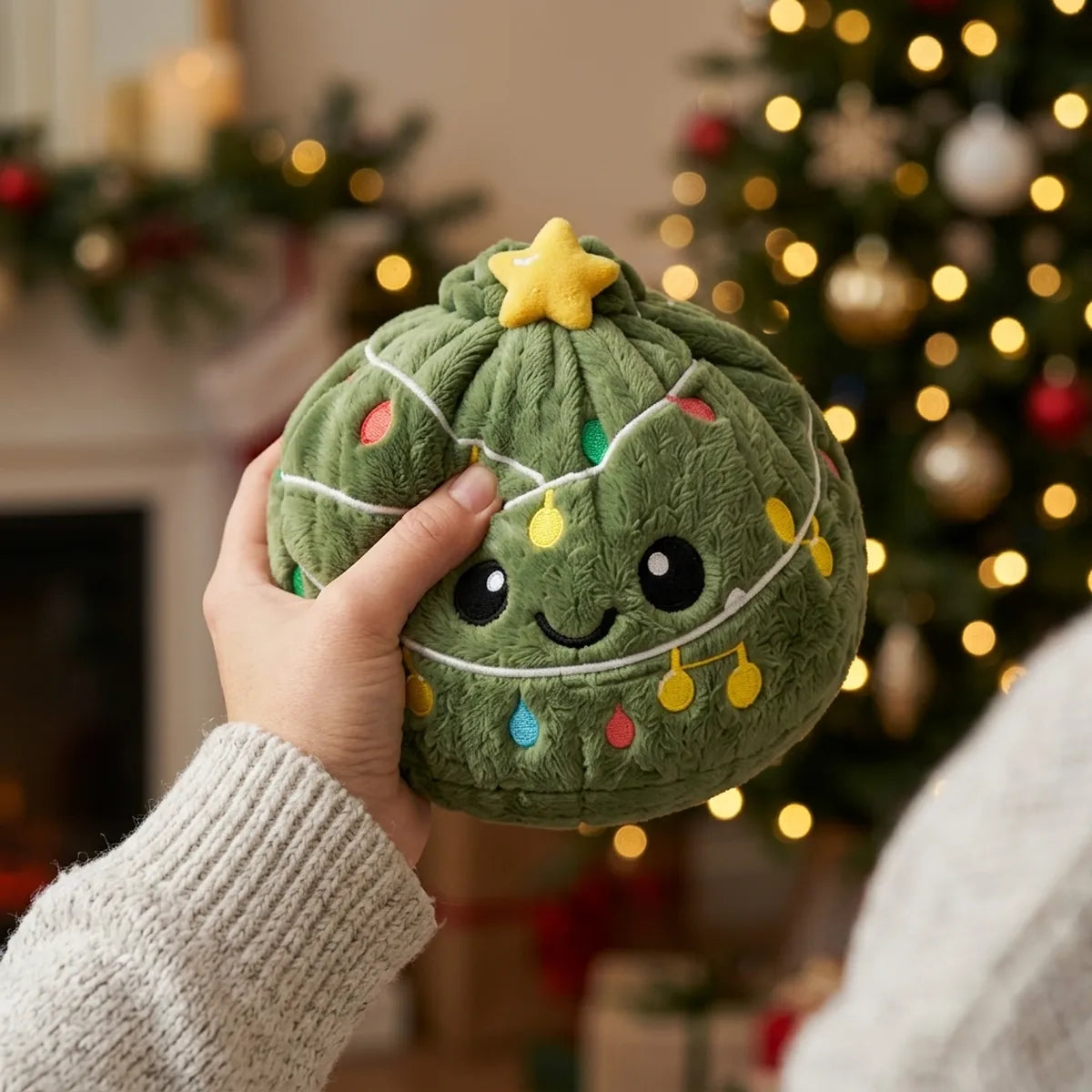 Person squeezing the Twinkle Xmas Tree Dumpling Squishy Plush as a fidget toy in a festive living room