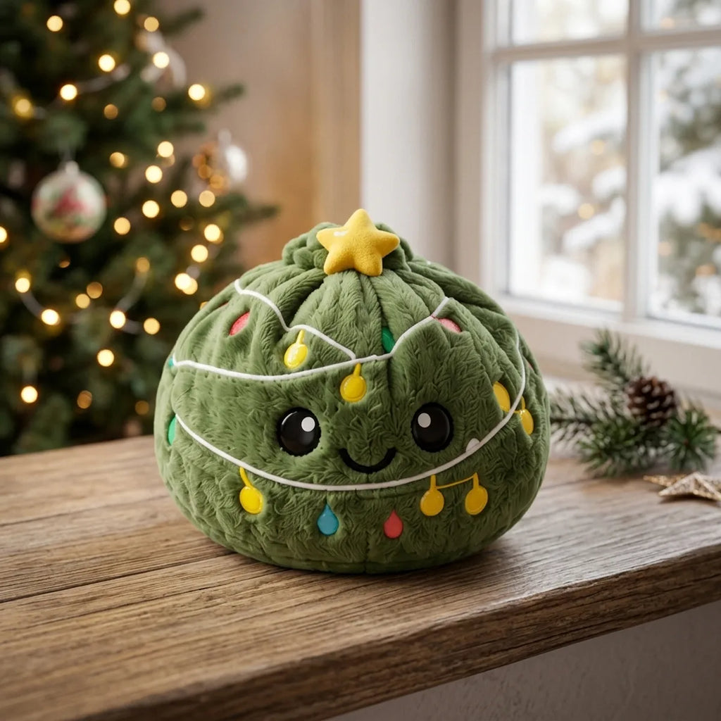 Twinkle Xmas Tree Dumpling Squishy Plush displayed on a wooden table by a snowy window