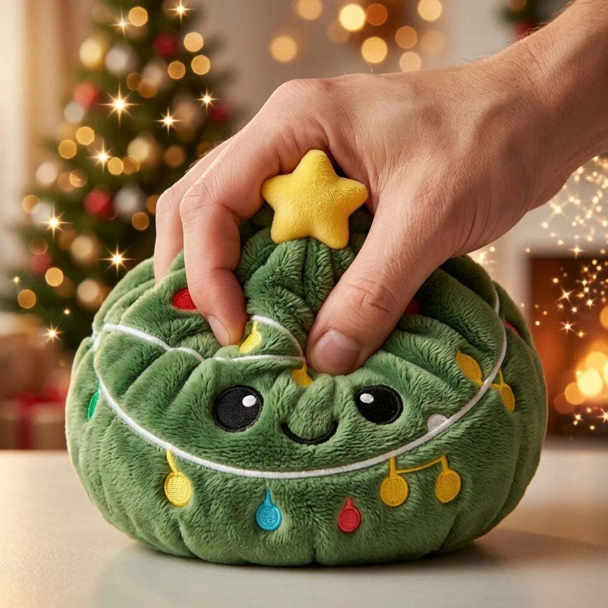Hand pressing down on the soft Twinkle Xmas Tree Dumpling Squishy Plush