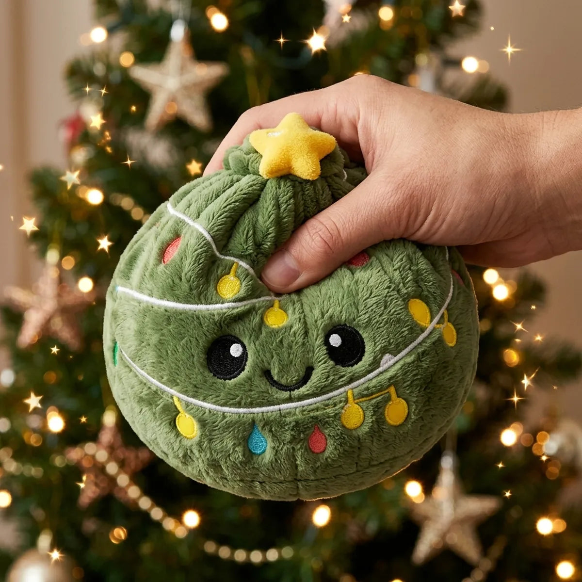 Hand squeezing the Twinkle Xmas Tree Dumpling Squishy Plush