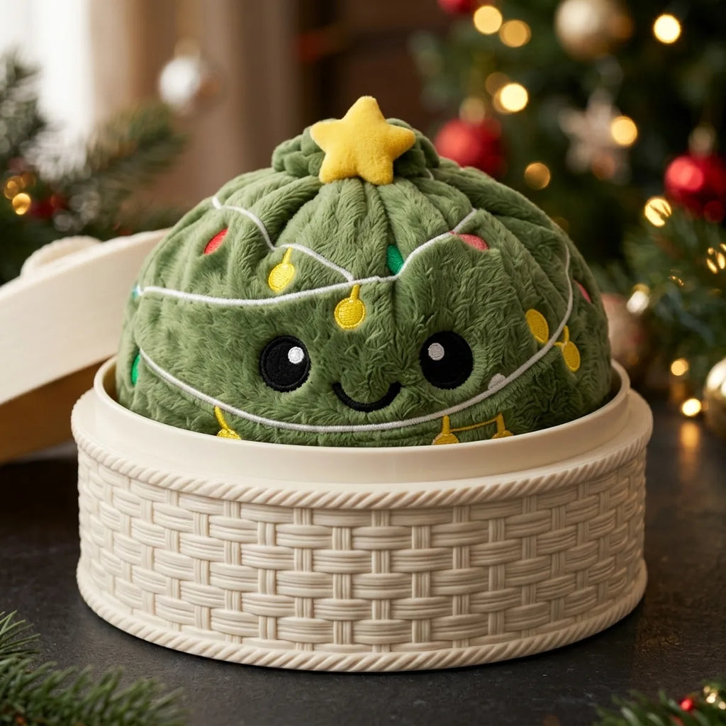 Twinkle Xmas Tree Dumpling Squishy Plush sitting inside a round steamer basket