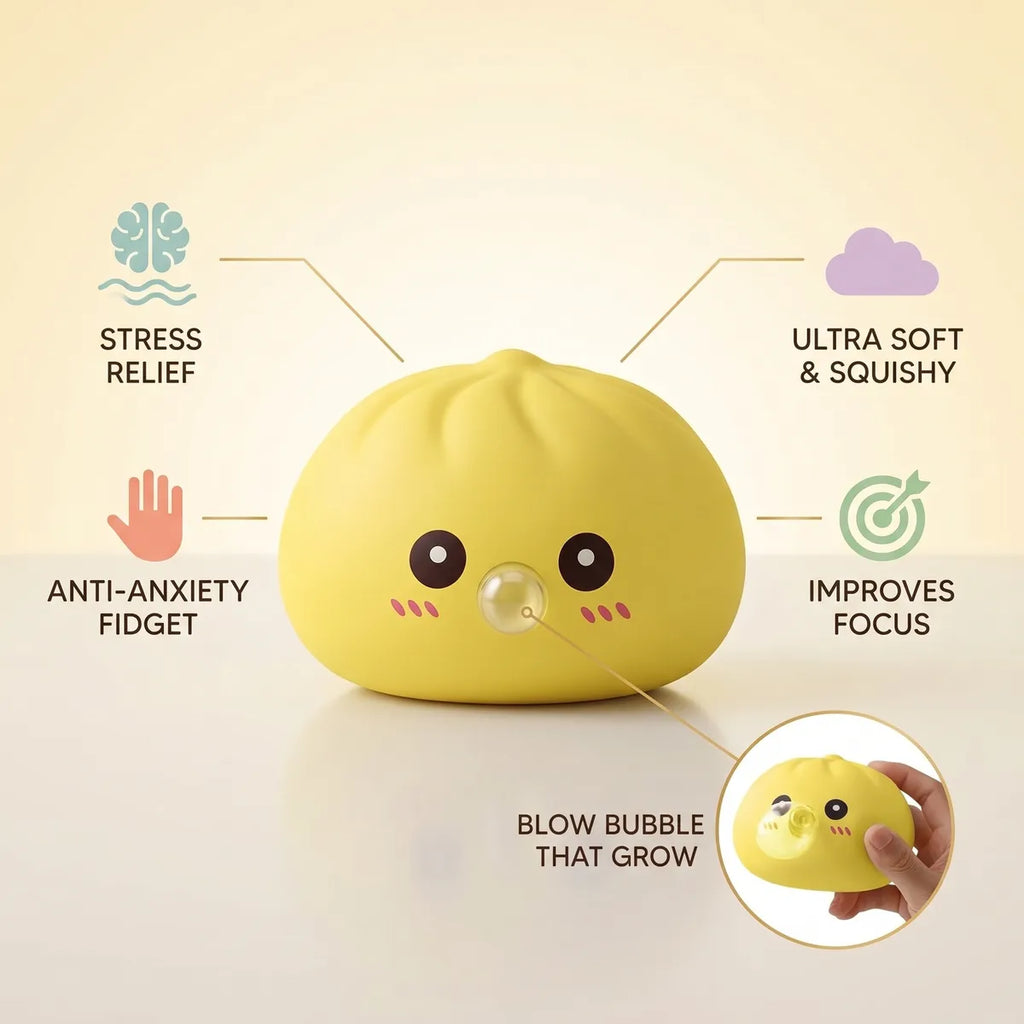 Yellow blow dumpling squishy size guide infographic with dimensions