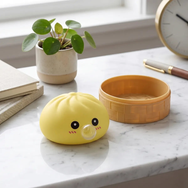Yellow blow dumpling squishy displayed with bamboo steamer