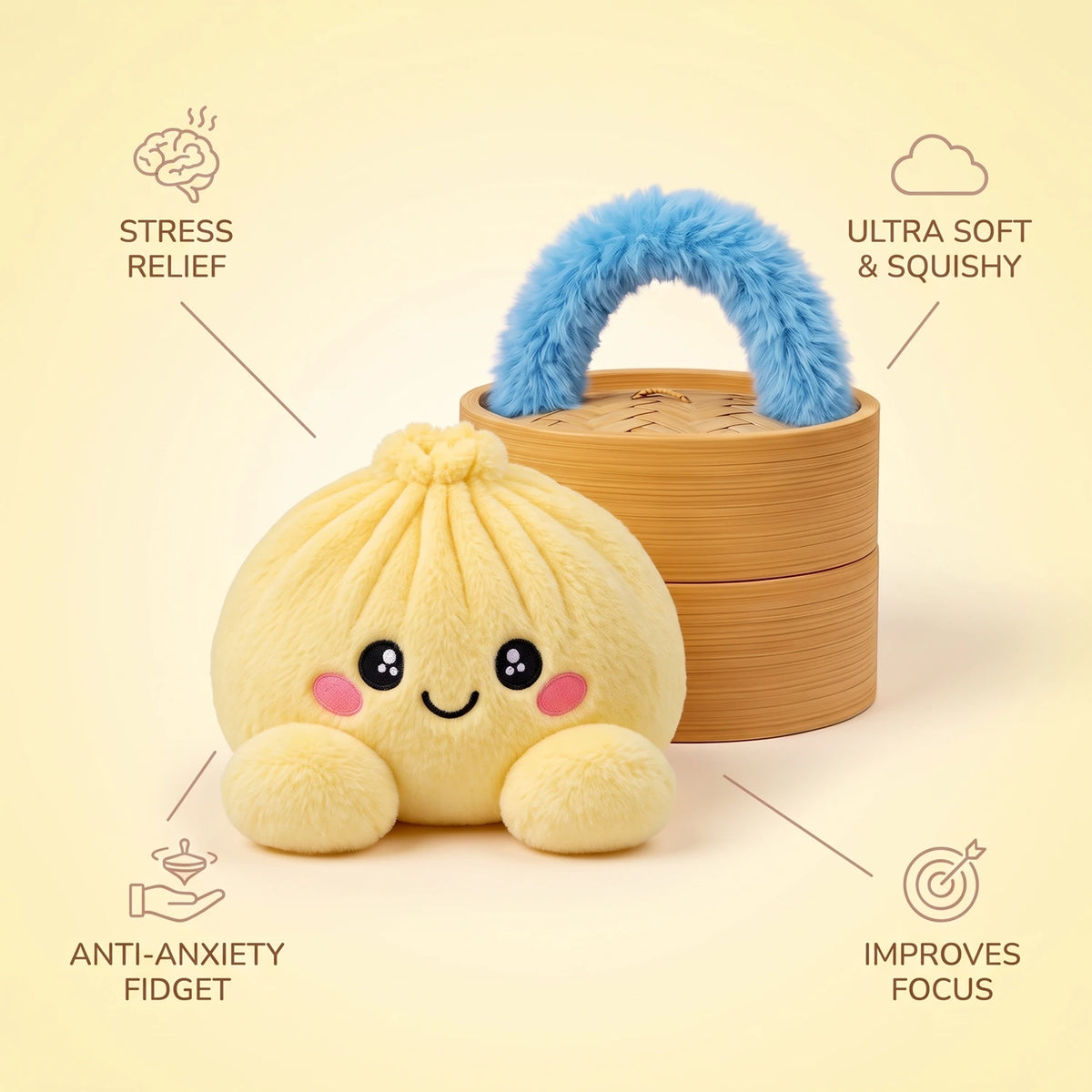Lemon Yellow Dumpling Squishy Plush infographic: stress relief, ultra soft and squishy, anti-anxiety fidget, improves focus