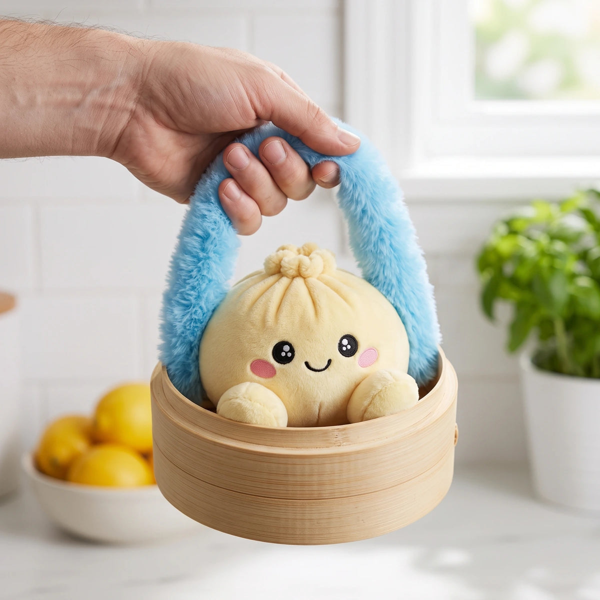 Hand carrying the Lemon Yellow Dumpling Squishy Plush in its steamer case by the fluffy handle
