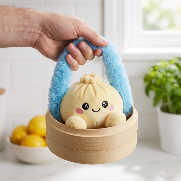 Hand carrying the Lemon Yellow Dumpling Squishy Plush in its steamer case by the fluffy handle