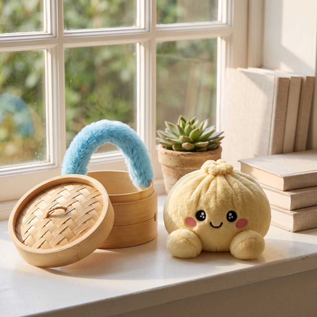 Lemon Yellow Dumpling Squishy Plush displayed on a sunny windowsill with its steamer