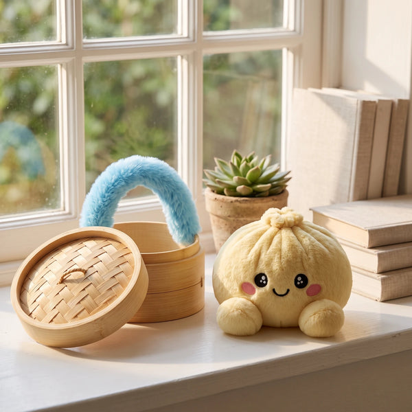 Lemon Yellow Dumpling Squishy Plush displayed on a sunny windowsill with its steamer
