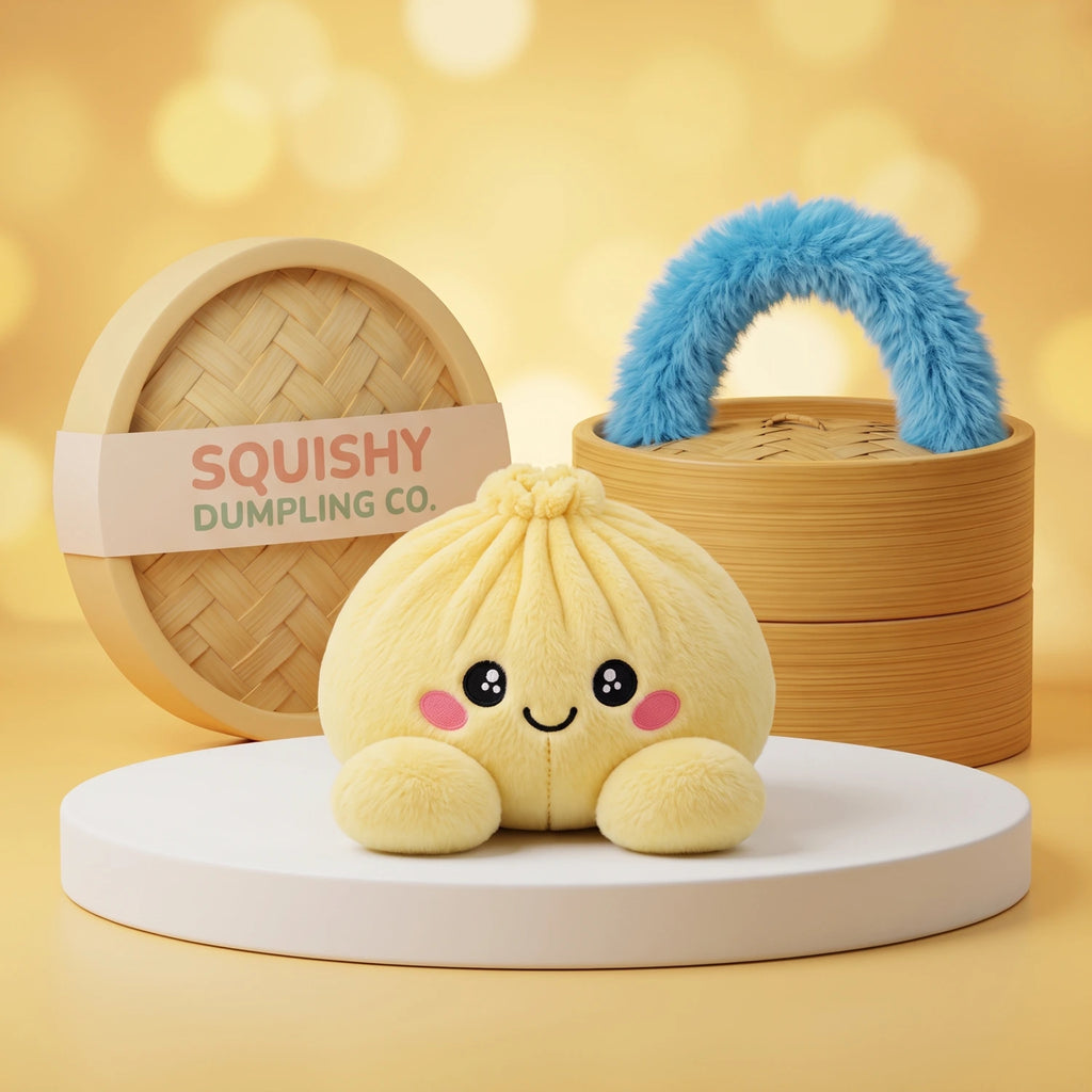 Lemon Yellow Dumpling Squishy Plush on a white studio podium beside a steamer basket
