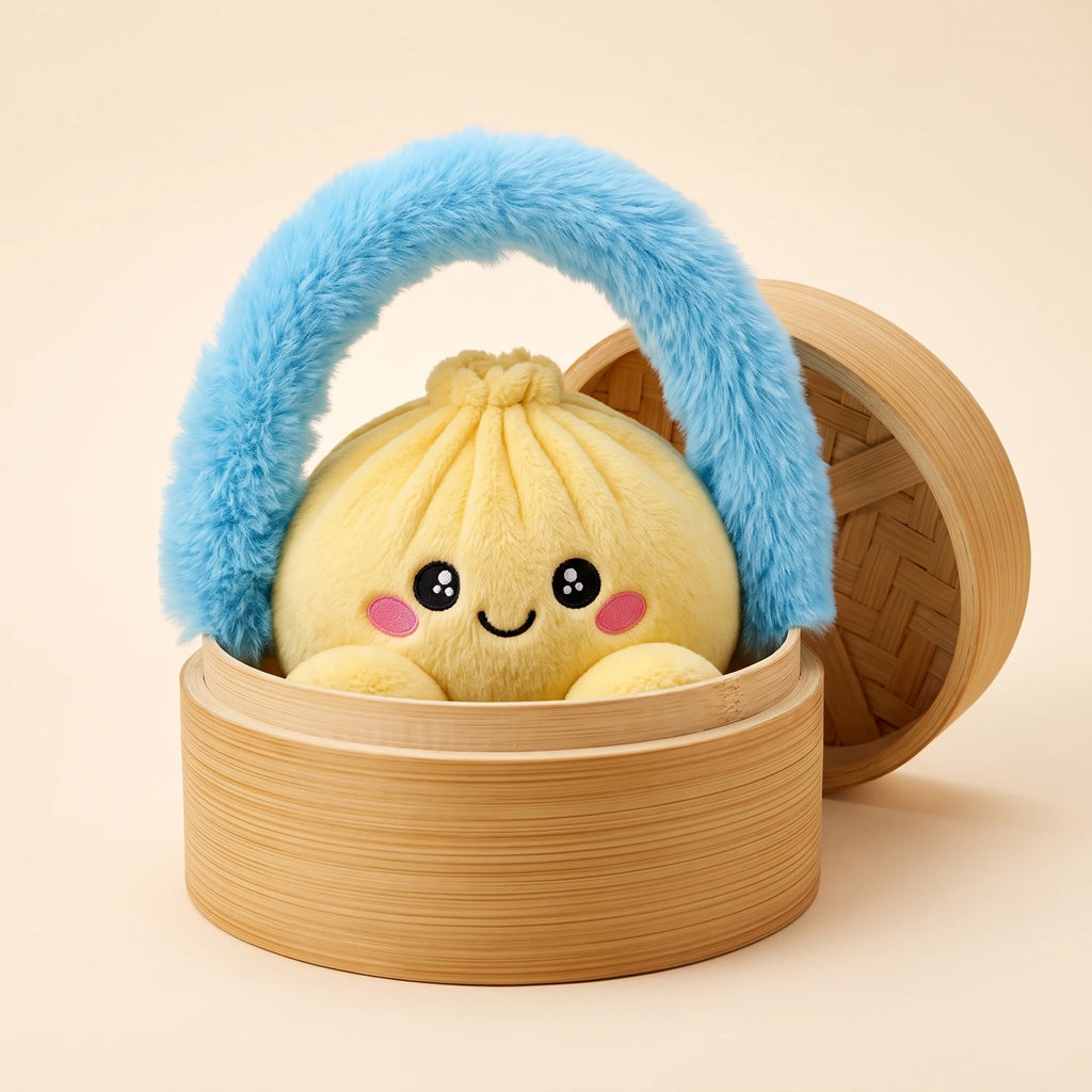Lemon Yellow Dumpling Squishy Plush sitting in its bamboo steamer carry case with a fluffy blue handle