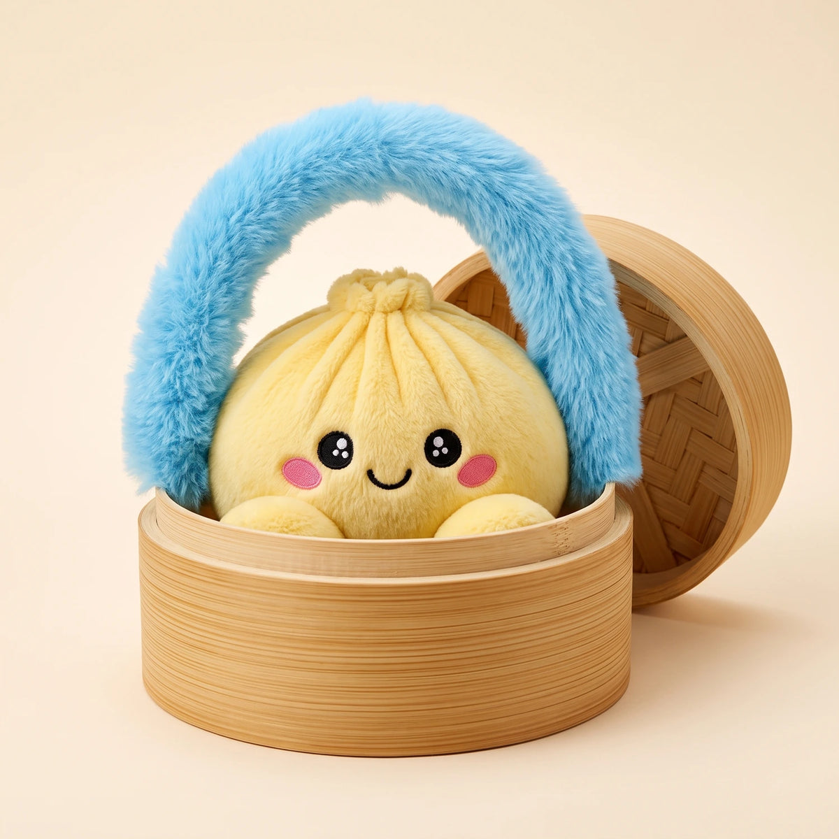 Lemon Yellow Dumpling Squishy Plush sitting in its bamboo steamer carry case with a fluffy blue handle