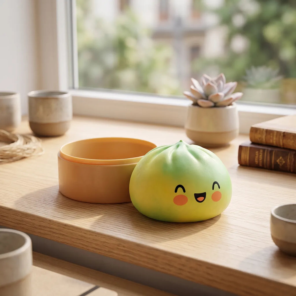 Yellow fade dumpling squishy styled in a cozy lifestyle setting