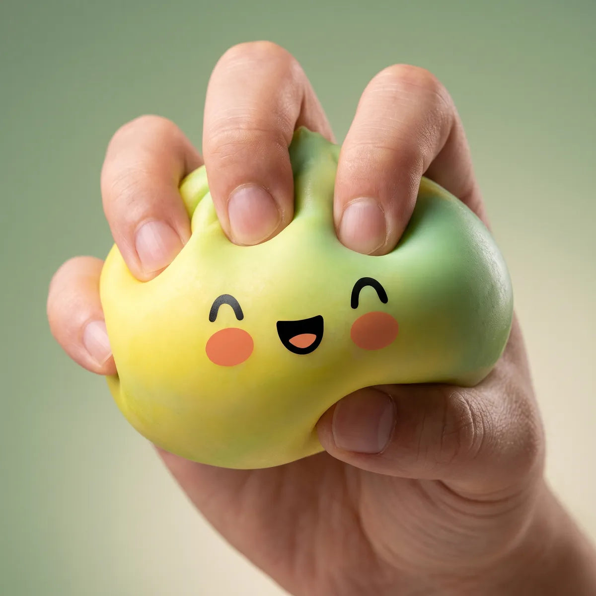 Hand squeezing a yellow fade dumpling squishy