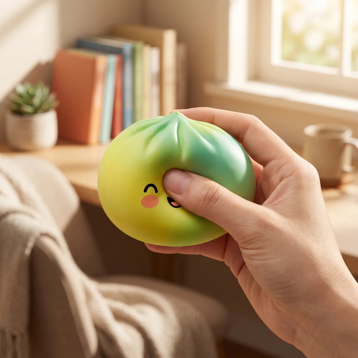 Person using a yellow fade dumpling squishy for stress relief