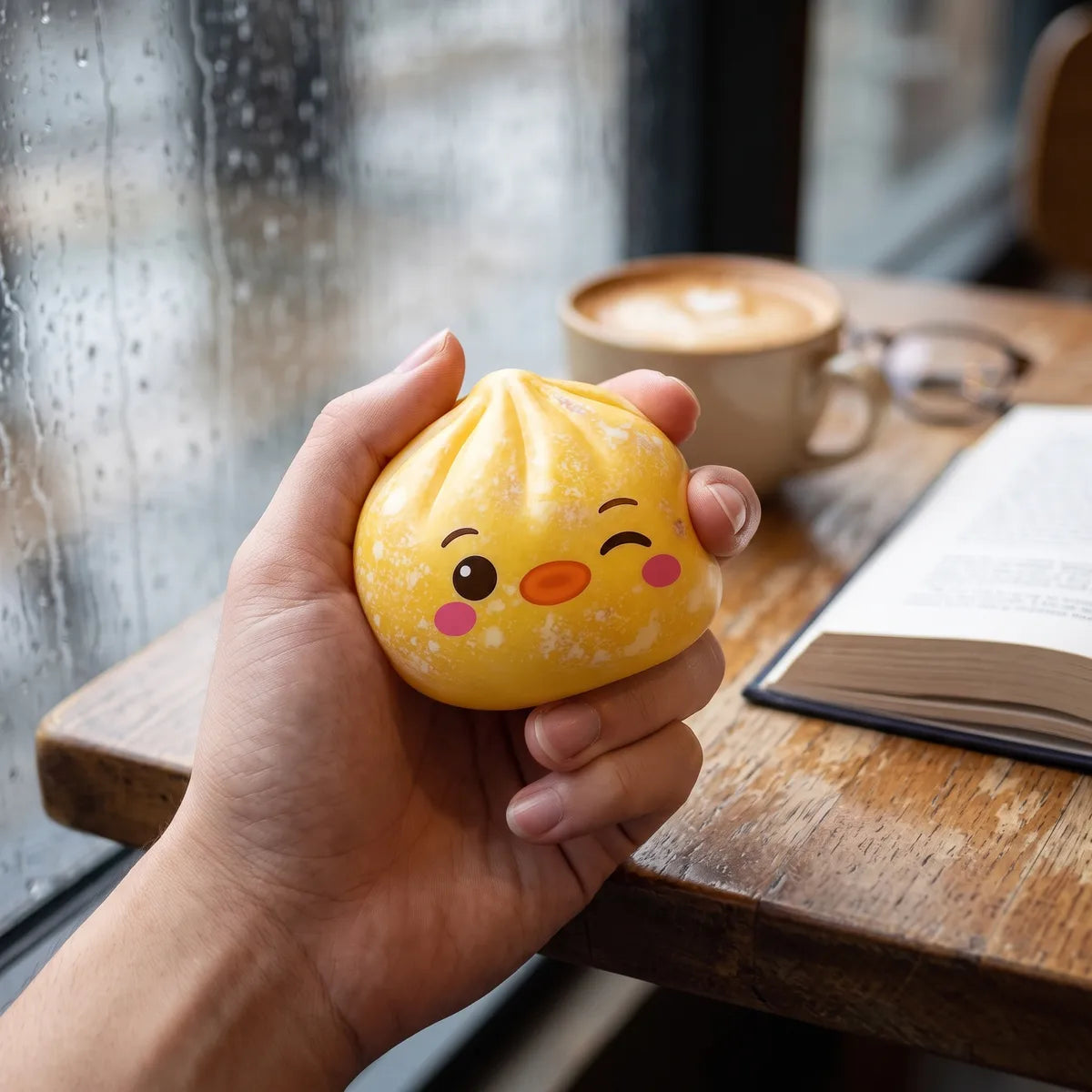 Person squeezing the yellow penguin dumpling squishy as a desk fidget toy