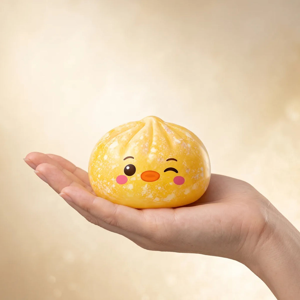 Hand holding the 5.5 cm yellow penguin dumpling squishy to show its size