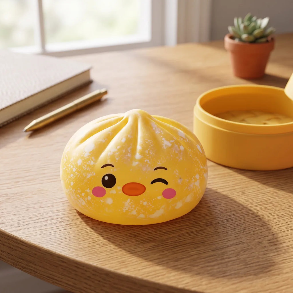 Yellow penguin dumpling squishy resting on a warm golden surface