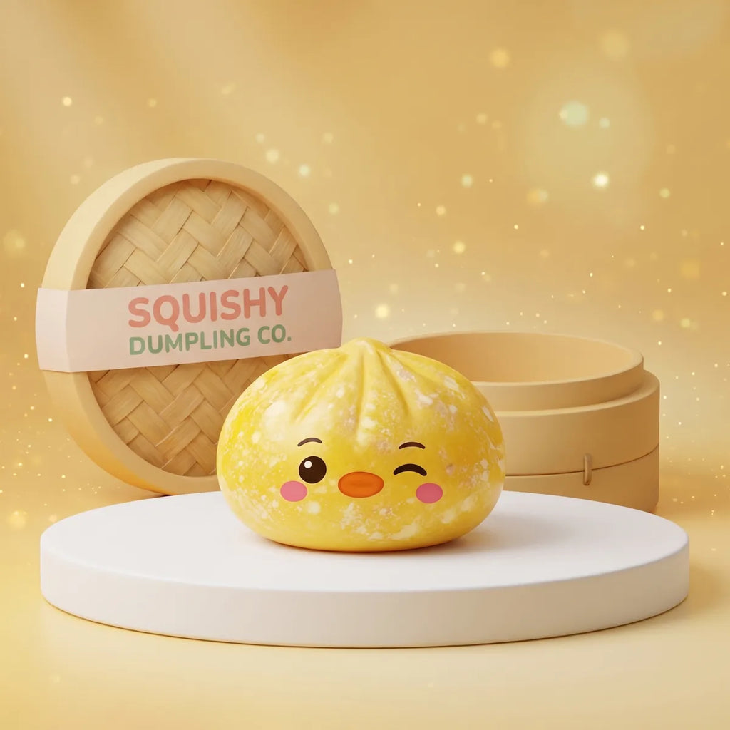 Yellow penguin dumpling squishy in marbled buttercup yellow winking on a white podium