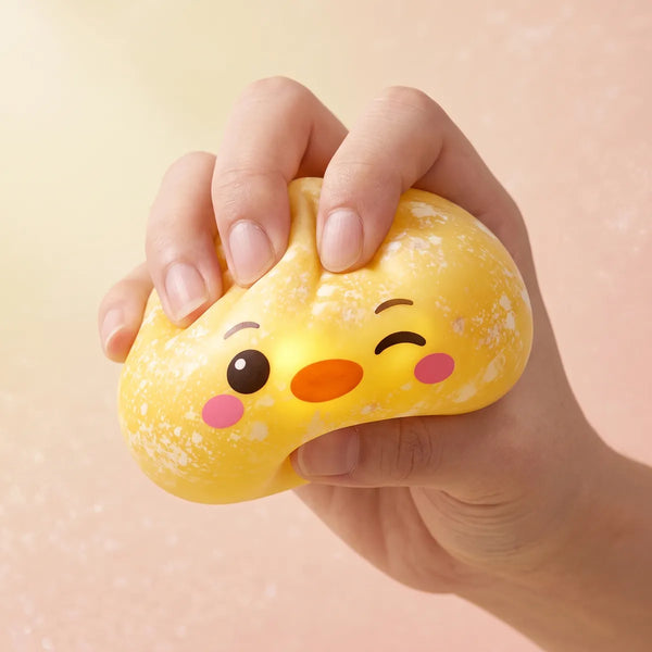Hand squeezing the yellow penguin dumpling squishy to show its slow rise