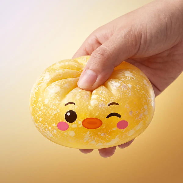 Close up squeeze of the yellow penguin dumpling squishy showing its cream marbled skin