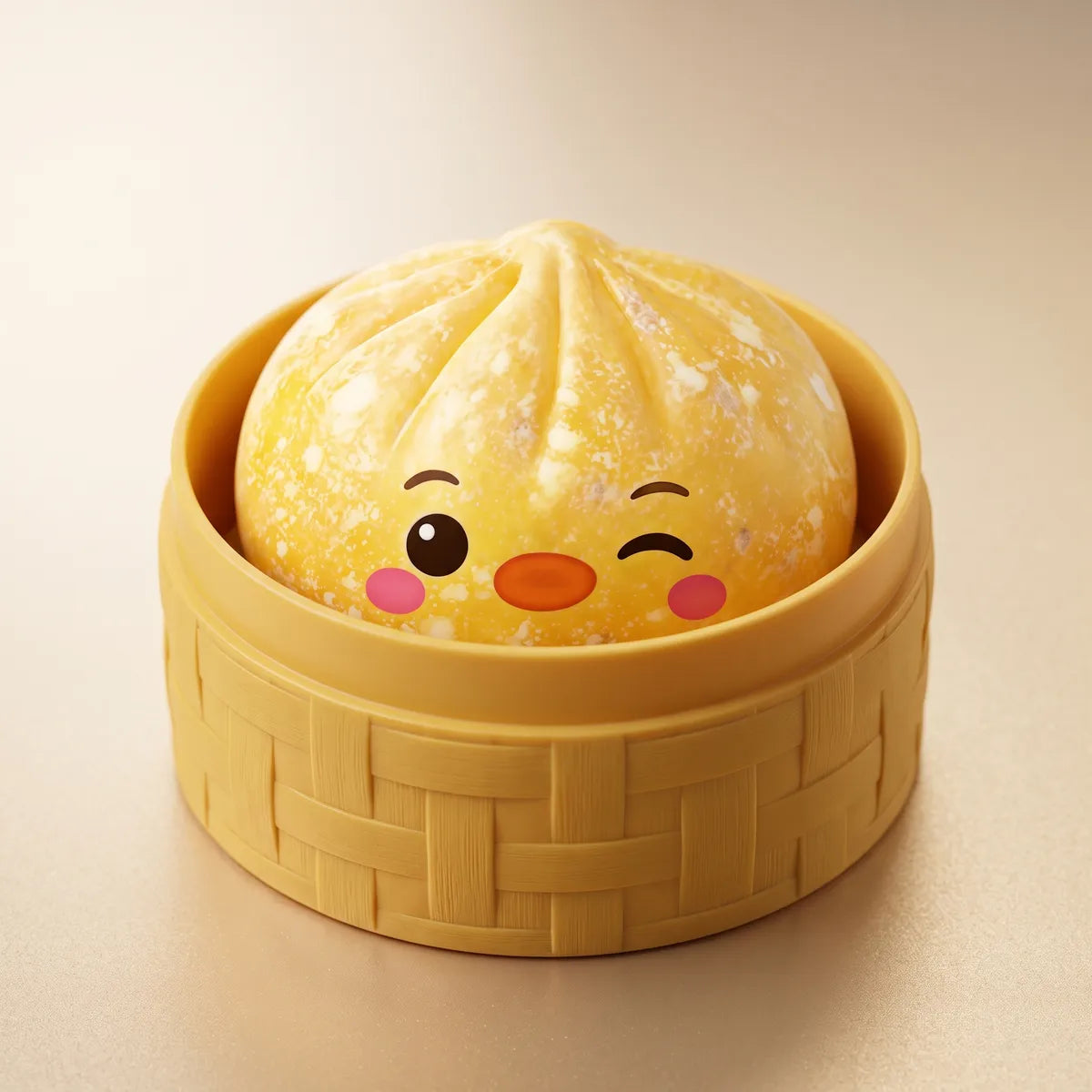 Yellow penguin dumpling squishy resting in its bamboo steamer box