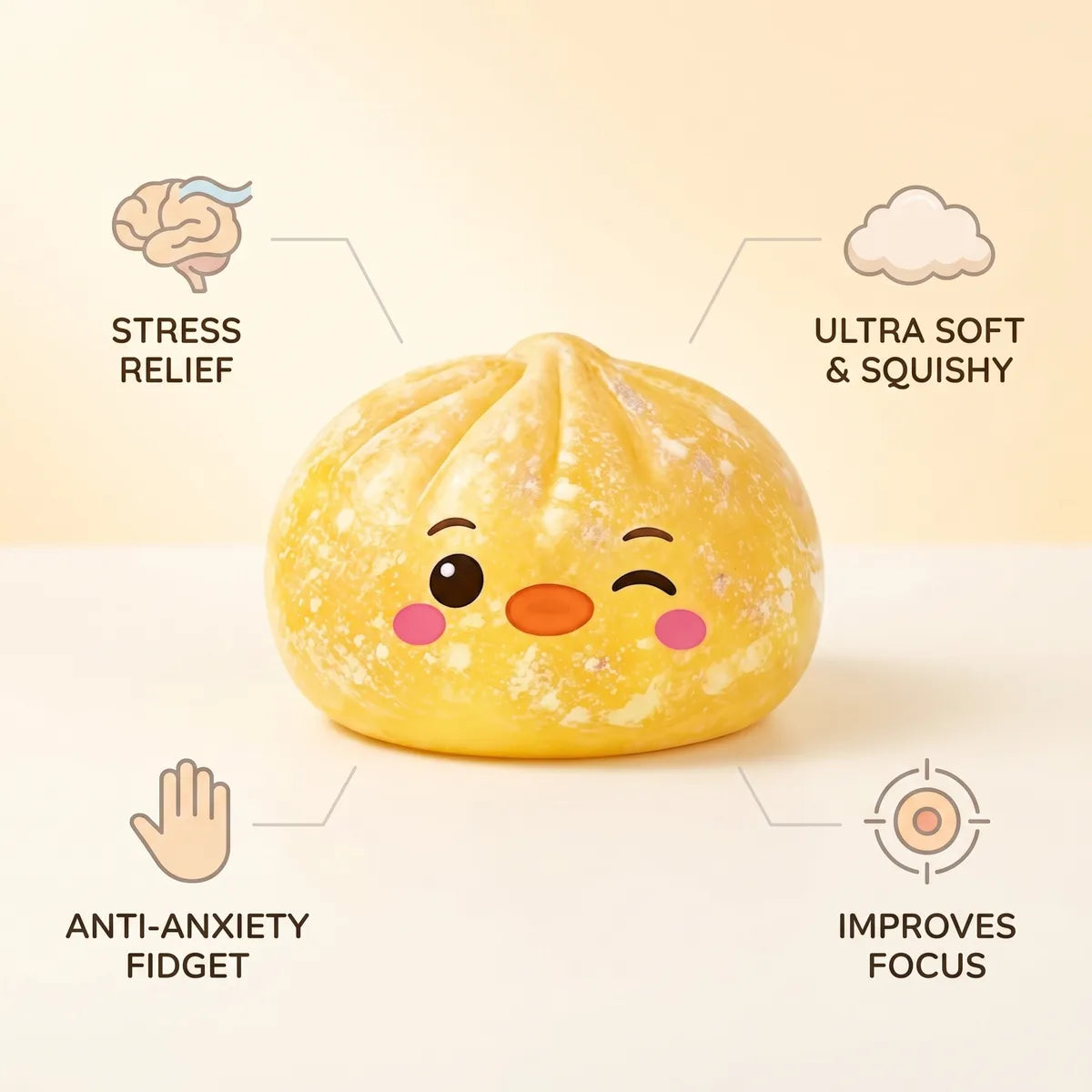 Infographic listing the stress relief benefits of the yellow penguin dumpling squishy