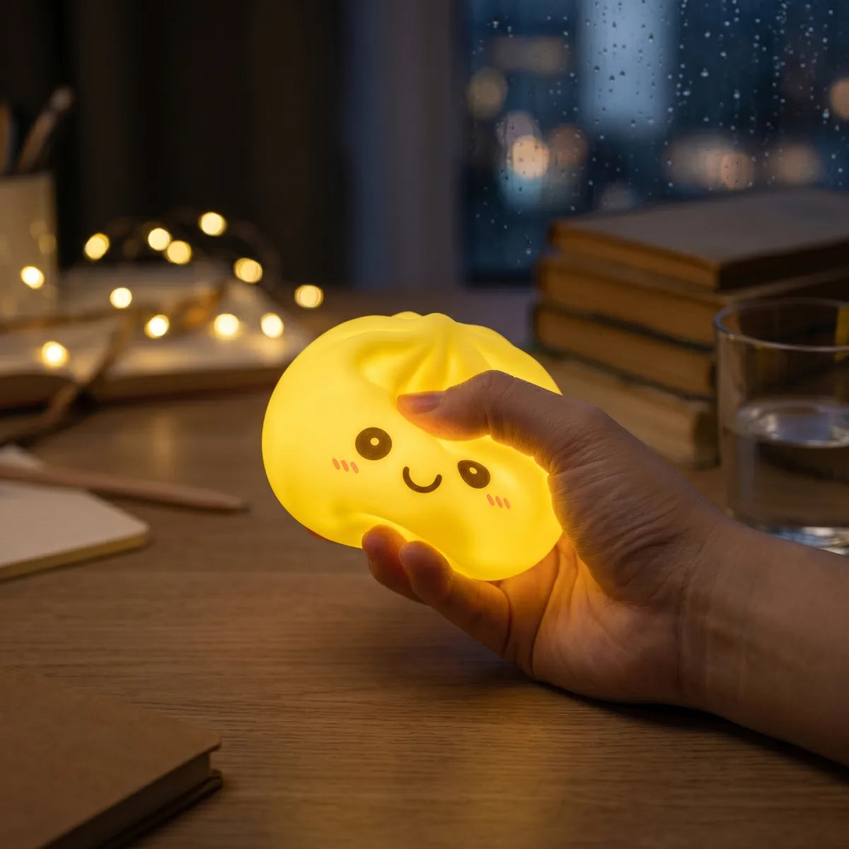 Yellow squishy dumpling light glowing softly in a dark room
