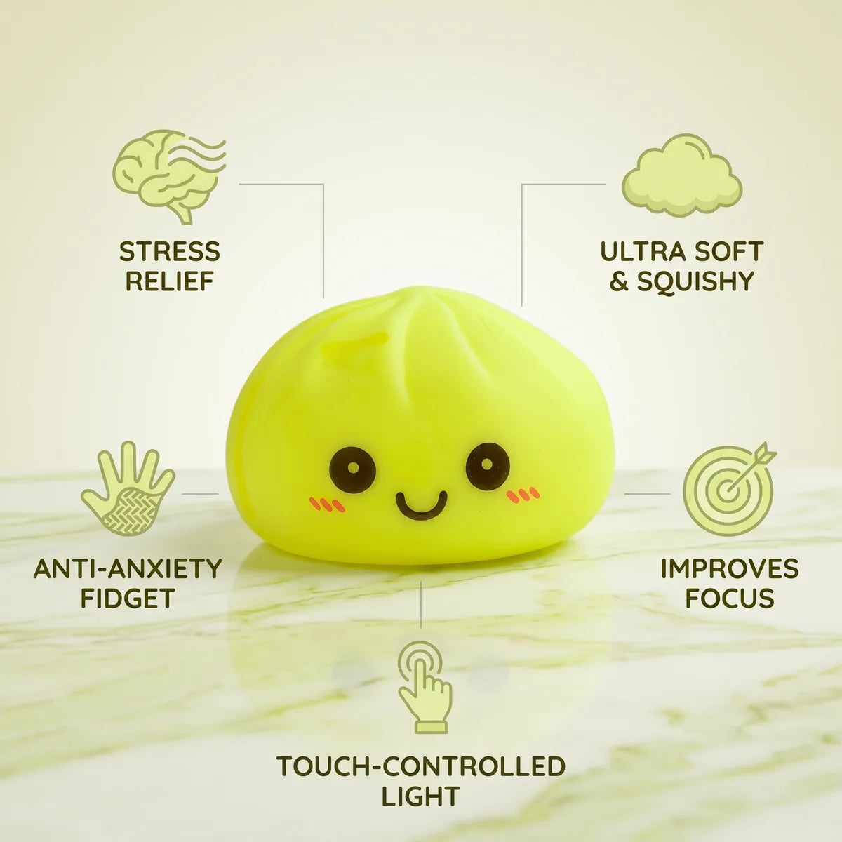 Yellow squishy dumpling light size guide infographic with dimensions
